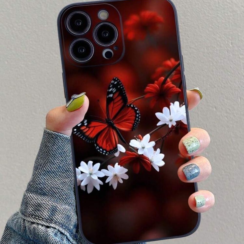 3for$20 1pc Black Anti-Drop Edged Butterfly & Flower Painted Phone 15 pro max